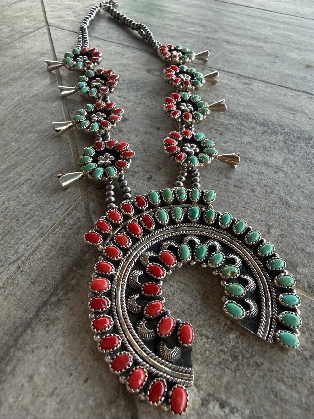 Turquoise & Coral Squash Blossom Necklace - Women Jewelry